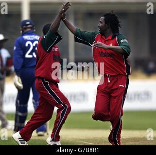 Douglas Hondo (a destra) dello Zimbabwe celebra, dopo aver preso il wicket di Marcus Trescoshight in Inghilterra, nella prima partita del ICC Champions Trophy, One Day International a Edgbaston, Birmingham. Foto Stock