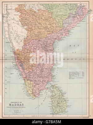 INDIA BRITANNICA SUD "Presidenza adras' Mysore Ceylon costa di Coromandel, 1878 Mappa Foto Stock