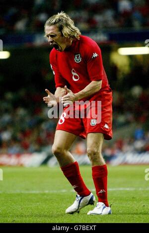 Il Craig Bellamy del Galles mostra la sua frustrazione durante la qualificazione della Coppa del mondo contro l'Irlanda del Nord a Cardiff. Punteggio finale Galles 2-2 Irlanda del Nord. Foto Stock