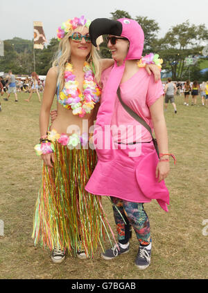 Bestival 2014 - terzo giorno. Festival Goers in abito elegante al Bestival, tenuto al Robin Hill Adventure Park, Isola di Wight. Foto Stock