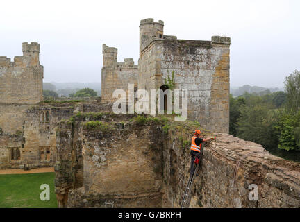 I tecnici di accesso alle corde prelevano le erbacce a mano dalle pareti del castello di Bodiam nel Sussex orientale per contribuire a mantenere la pietra arenaria medievale come parte del lavoro di conservazione in corso. Foto Stock