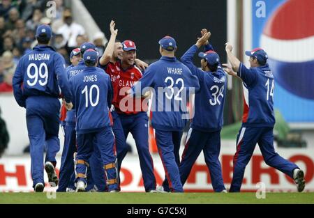 Il bowler inglese Steve Harmison (quinta a sinistra) festeggia con i compagni di squadra dopo aver preso il wicket del batsman delle Indie occidentali Chris Gayle durante la finale del Trofeo ICC Champions all'Oval, Londra, sabato 25 settembre 2004. . NESSUN UTILIZZO DEL TELEFONO CELLULARE. Foto Stock