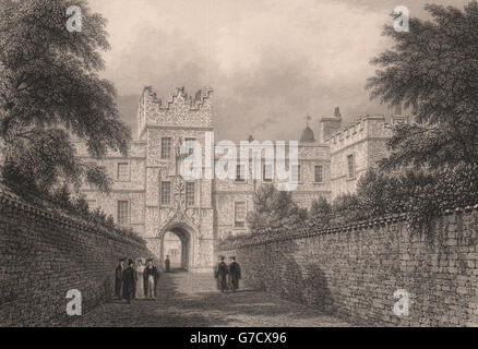 JESUS College. Il portale di ingresso, Cambridge. LE KEUX, antica stampa 1841 Foto Stock