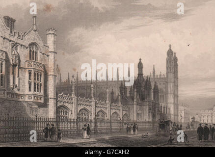 La parte anteriore del King s College di Trumpington Street, Cambridge. LE KEUX, 1841 Foto Stock