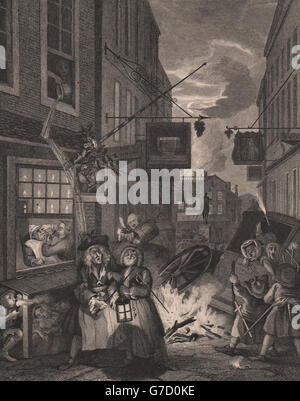 Orari del giorno. "Notte". Dopo William Hogarth, antica stampa 1833 Foto Stock