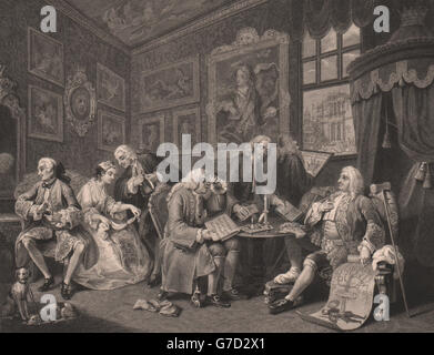 Matrimonio A LA MODALITÀ. "Il contratto". Dopo William Hogarth, antica stampa 1833 Foto Stock