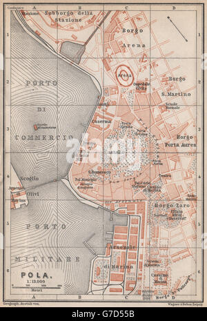 POLA (PULA / POLEI antiche città city plan grada. Croazia karta, 1896 mappa vecchia Foto Stock