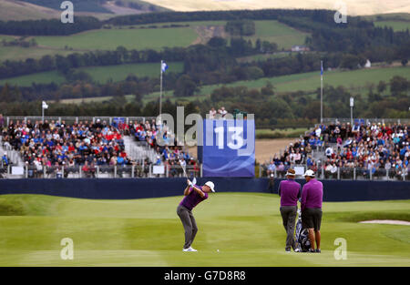 Golf - 40° Ryder Cup - Practice Day 2 - Gleneagles. Justin Rose in Europa gioca nel tredicesimo verde durante una sessione di pratica al campo da golf Gleneagles, Perthshire. Foto Stock
