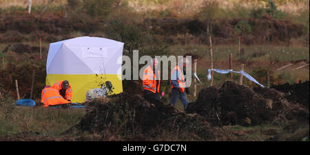 La scena dove un corpo è stato trovato nella ricerca Brendan Megraw a Oristown Bog, vicino a Kells, Co Meath. Foto Stock