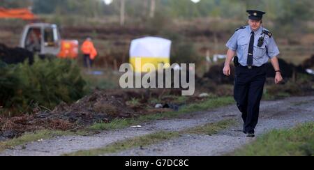 La scena dove un corpo è stato trovato nella ricerca Brendan Megraw a Oristown Bog, vicino a Kells, Co Meath. Foto Stock