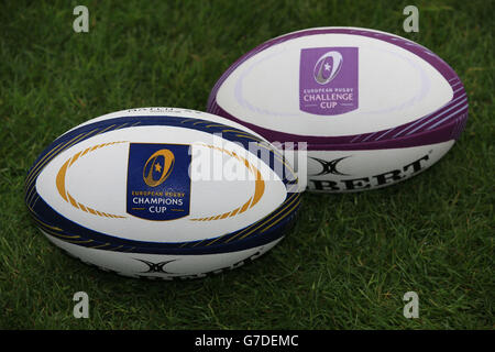 Il pallone Champions Cup e Challenge Cup realizzato da Gilbert in vista durante il lancio europeo di Rugby a Twickenham, Londra. Foto Stock