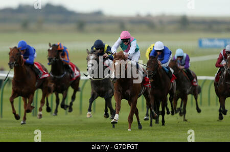 Corse ippiche - Betfred Cesarewitch Sabato - circuito di Newmarket. Commemorativo guidato dal jockey James Doyle (berretto rosa) vince il Betfred Goals Galore Autumn Stakes all'ippodromo di Newmarket. Foto Stock