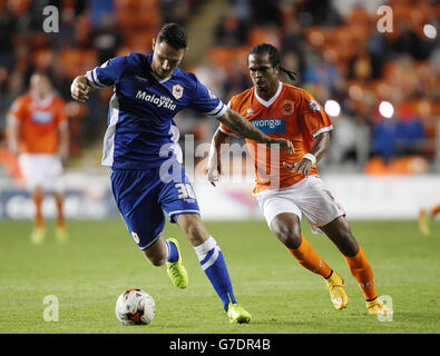 Calcio - Campionato Sky Bet - Blackpool / Cardiff City - Bloomfield Road. Nathan Delfoneso di Blackpool e Sean Morrison di Cardiff (a sinistra) lottano per la palla Foto Stock