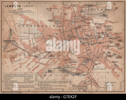 LVIV (LEMBERG LWOW LVOV) antica città pianta della città. L'Ucraina. BAEDEKER, 1905 Mappa Foto Stock