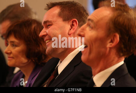 Candidati laburisti scozzesi (da sinistra a destra) di Sarah Boyack, Neil Findlay e Jim Murphy ai City Halls di Glasgow per una serie di leader laburisti scozzesi. Foto Stock