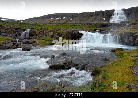 Cascate Dynjandi (noto anche come Fjallfoss), Westfjords, Islanda, l'Europa. Foto Stock