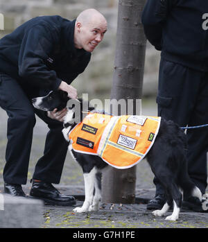 Un cane da fuoco e di soccorso davanti a un servizio di memoria tenuto alla Cattedrale di Glasgow, commemorando le dieci vittime che hanno perso la vita nel crash elicottero di Clutha. Foto Stock