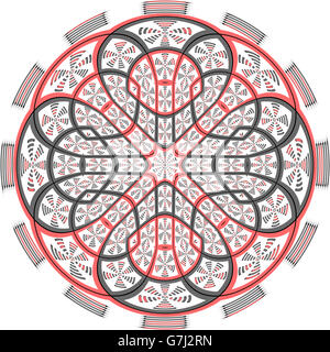 Mandala geometrici in rosso e grigio scuro su uno sfondo bianco. Algoritmica arte digitale Foto Stock