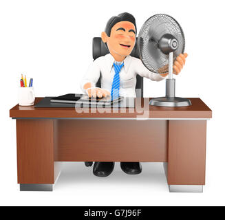 3d business persone illustrazione. Imprenditore riscaldata nel suo ufficio con un ventilatore. Isolato sullo sfondo bianco. Foto Stock