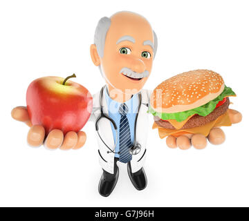 3d medical persone illustrazione. Medico scegliendo tra una mela e un hamburger. Isolato sullo sfondo bianco. Foto Stock