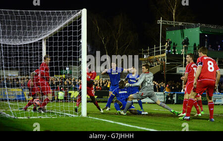 AFC Wimbledon's Adebayo Akinfenwa segna il suo primo gol della partita durante la fa Cup, terza partita al Cherry Red Records Stadium di Londra. Foto Stock