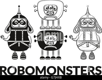 Il contorno e la Silhouette Set robot Illustrazione Vettoriale