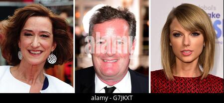 File foto di (da sinistra) Haydn Gwynne, Piers Morgan e Taylor Swift. Foto Stock