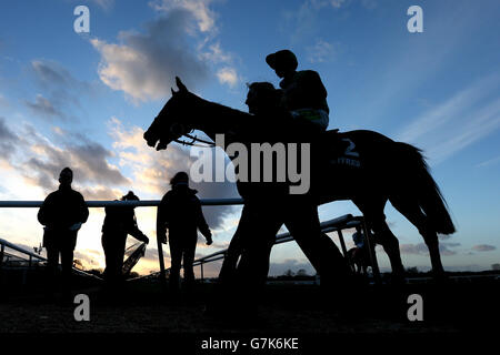 Corse di cavalli - Betfred Classic Chase Day - Ippodromo di Warwick. Una vista silhouette di Rigadin De Beauchene e del jockey Robert Dunne in seguito alla Betfred Classic Chase Foto Stock