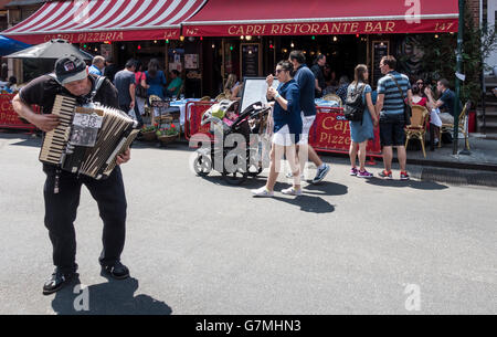 Suonatore di fisarmonica che intrattiene i commensali all'aperto in Mulberry Street Little Italy a New York City Foto Stock