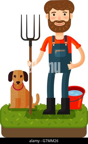 Felice agricoltore con un forcone. Icona del vettore. Illustrazione Cartoon Illustrazione Vettoriale