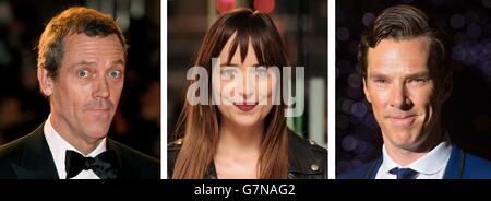 Foto di archivio di (da sinistra) Hugh Laurie, Dakota Johnson e Benedict Cumberbatch. Foto Stock