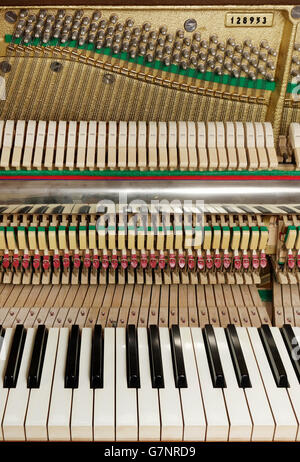 Close up. Pianoforte verticale tastiera e meccanismo di azione con le stringhe. Foto Stock