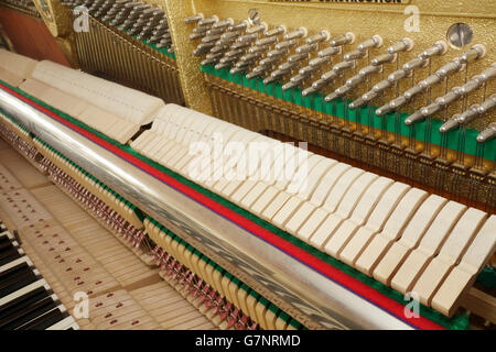 Vista diagonale di un pianoforte verticale meccanismo di azione. Tastiera, rampa di martello, martelli e perni di sintonizzazione sul pin blocco sono in vista. Foto Stock