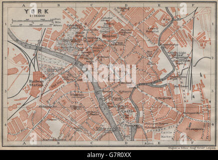 YORK antico centro città piano. Yorkshire. BAEDEKER, 1910 Mappa antichi Foto Stock