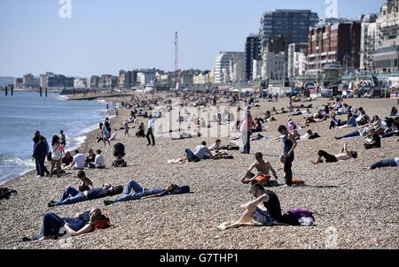 I membri del pubblico godono del sole pomeridiano sulla spiaggia di Brighton, come la Gran Bretagna è impostato per crogiolarsi al sole oggi con le temperature previste per eguagliare la località turistica di Ibiza. Foto Stock