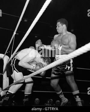 American Heavyweight Jimmy Young (a destra) in azione a Wembley quando ha ottenuto una vittoria dei punti sopra il campione britannico del heavyweight John L Gardner Young, un professionista per dieci anni, ha aggrovigliato con tali opposizione di classe come Muhammed Ali, George Foreman e Ken Norton. Foto Stock