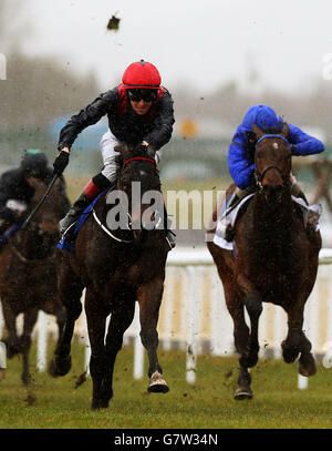 Stato di emergenza guidato da Emmet McNamara (a sinistra) sulla strada per vincere il Tally ho Stud European Breeders Fund Maiden presso l'ippodromo di Curragh, Kildare, Irlanda. Foto Stock