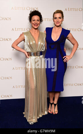 Helen McCrory e Kate Winslet partecipano alla prima inglese del film, A Little Chaos all'Odeon Kensington, Londra. PREMERE ASSOCIAZIONE foto. Data immagine: Lunedì 13 aprile 2015. Il credito fotografico dovrebbe essere: Ian West/PA Wire Foto Stock