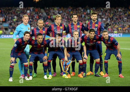 Gruppo di squadra di Barcellona. (In alto a sinistra a destra) Marc-Andre ter Stegen, Javier Mascherano, Ivan Rakitic, Sergio Busquets, Gerard Pique. (In basso a sinistra a destra) Lionel messi, Dani Alves, Neymar, Andres Iniesta, Luis Suarez e Jordi Alba Foto Stock