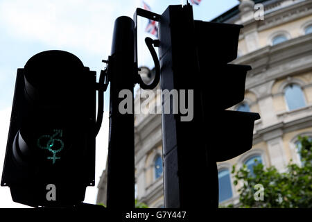 Trafalgar Square, Londra, 27 Giugno 2016 - la diversità il traffico pedonale segnali intorno a Trafalgar Square a sostegno di orgoglio. Una cinquantina di traffico pedonale segnali intorno a Trafalgar Square hanno avuto il loro 'cammina' immagine sostituite con nuove immagini di diversità come parte delle celebrazioni per l'orgoglio di Londra. Il verde simbolo a piedi è stato sostituito con o in verde sesso simboli correlati o un nuovo 'Holding Hands design". Credito: Dinendra Haria/Alamy Live News Foto Stock