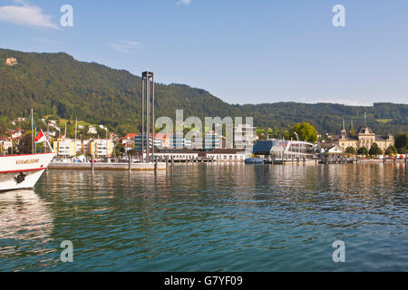 Barca per gite all'entrata del porto, navi, Bregenz, Bodensee, Lago di Costanza, Vorarlberg, Austria, Europa Foto Stock