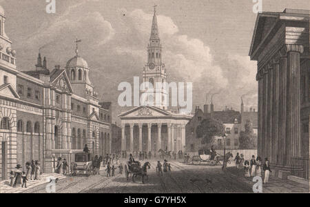 TRAFALGAR SQUARE. San Martin's-in-the-Fields. Londra. Pastore, antica stampa 1828 Foto Stock