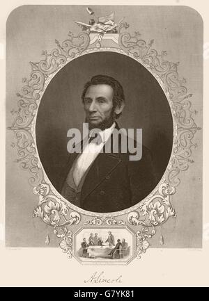 La guerra civile americana. Il presidente Abraham Lincoln. Inset: gabinetto consiglio, 1864 Foto Stock