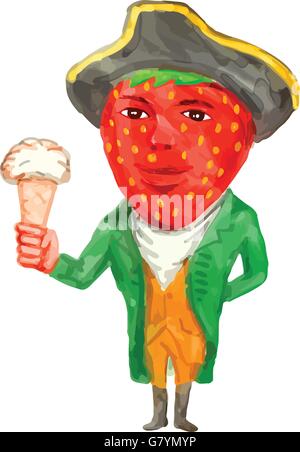 Stile acquerello illustrazione di un gentiluomo vittoriano con testa di fragola indossando tricorno hat holding gelato rivolto verso la parte anteriore impostato su isolato sullo sfondo bianco. Illustrazione Vettoriale