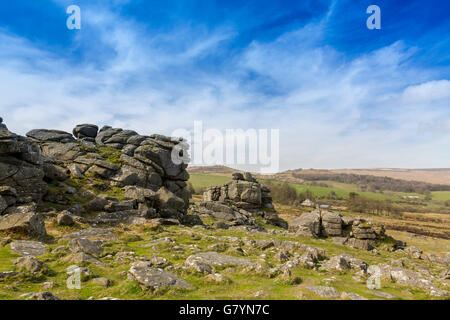 Il granito di Hound Tor è stato alterato da milioni di anni di vento, pioggia e gelo su Dartmoor Devon, Inghilterra, Regno Unito Foto Stock