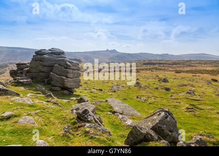 Il granito di Hound Tor è stato alterato da milioni di anni di vento, pioggia e gelo su Dartmoor Devon, Inghilterra, Regno Unito Foto Stock