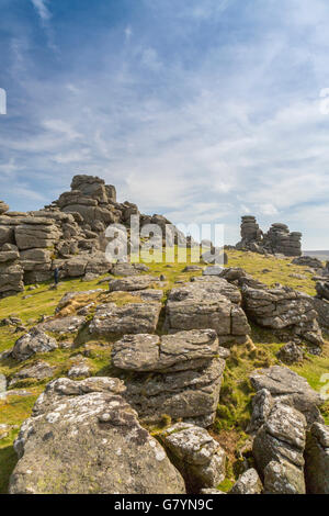 Il granito di Hound Tor è stato alterato da milioni di anni di vento, pioggia e gelo su Dartmoor Devon, Inghilterra, Regno Unito Foto Stock