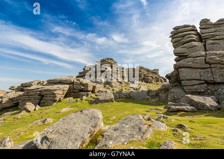 Il granito di Hound Tor è stato alterato da milioni di anni di vento, pioggia e gelo su Dartmoor Devon, Inghilterra, Regno Unito Foto Stock