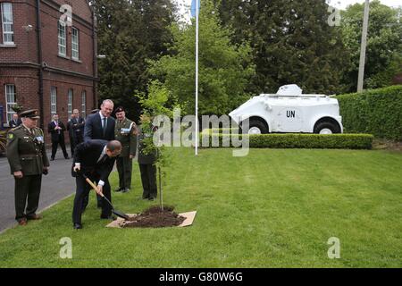 Il Segretario Generale delle Nazioni Unite Ban Ki-moon pianta un albero mentre visita le forze di difesa, Centro di addestramento delle Nazioni Unite al campo di Curragh in Co. Kildare. Foto Stock