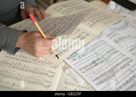 Musicista la lettura e la modifica di spartiti musicali-close-up Foto Stock